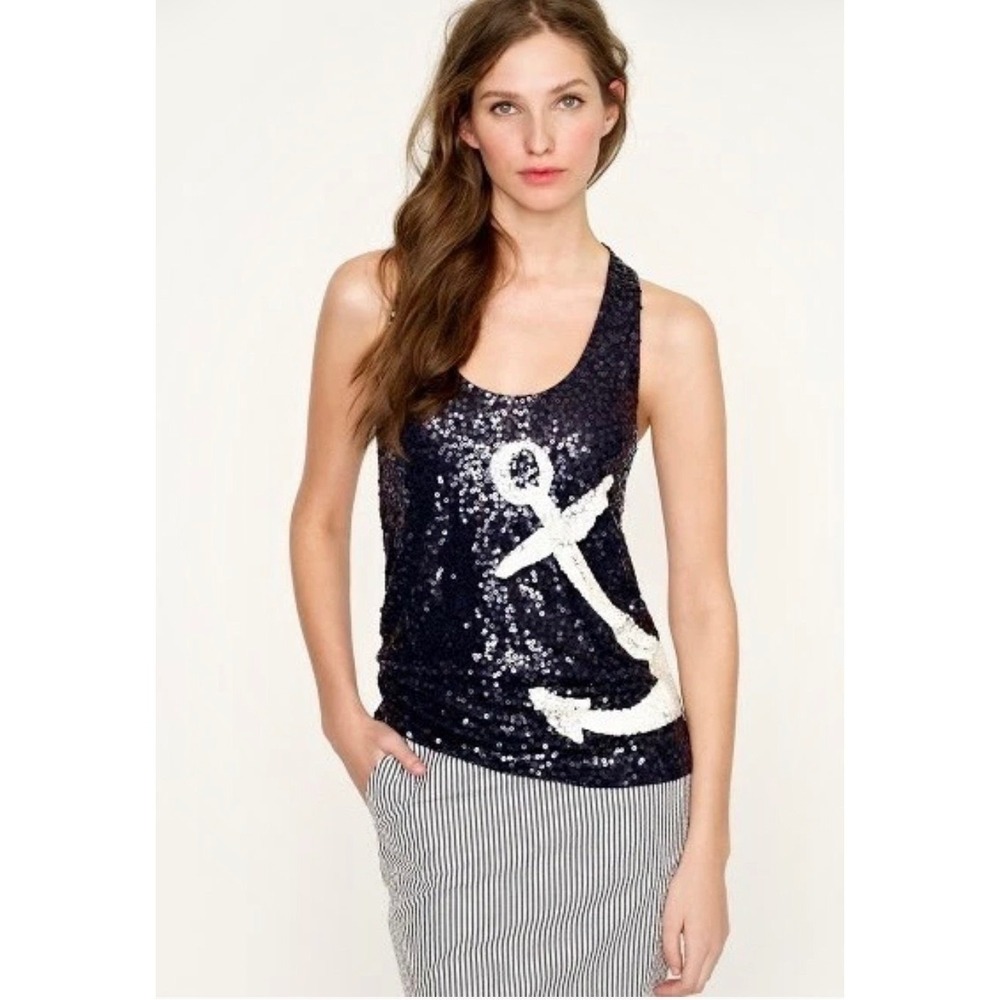 J.Crew Tank Top Women XS Navy Blue Beach Glam Sequin Anchor Nautical